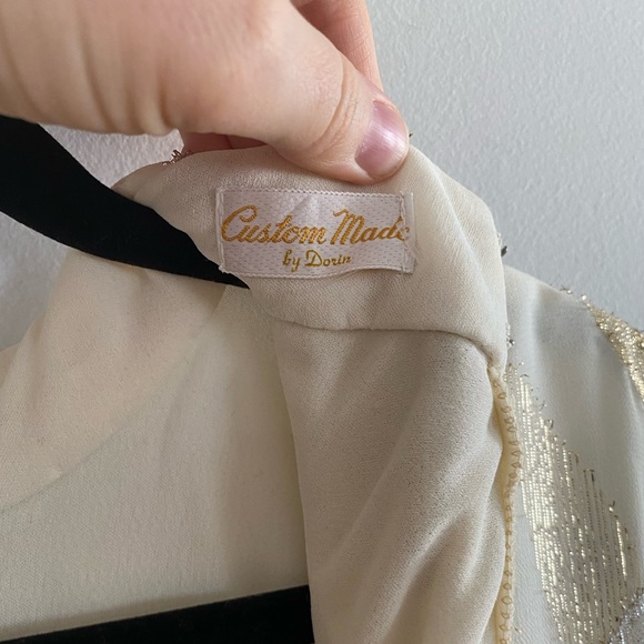 70s/80s handmade cream with gold leaf peplum style dress - M-L - Picture 9 of 9